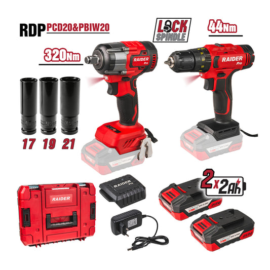 FÚRÓ ÉS CSAVAROZÓ 44Nm, ÜTVECSAVAROZÓVAL 1/2 320Nm 2X2Ah AKKUMULÁTORRAL RAIDER PRO