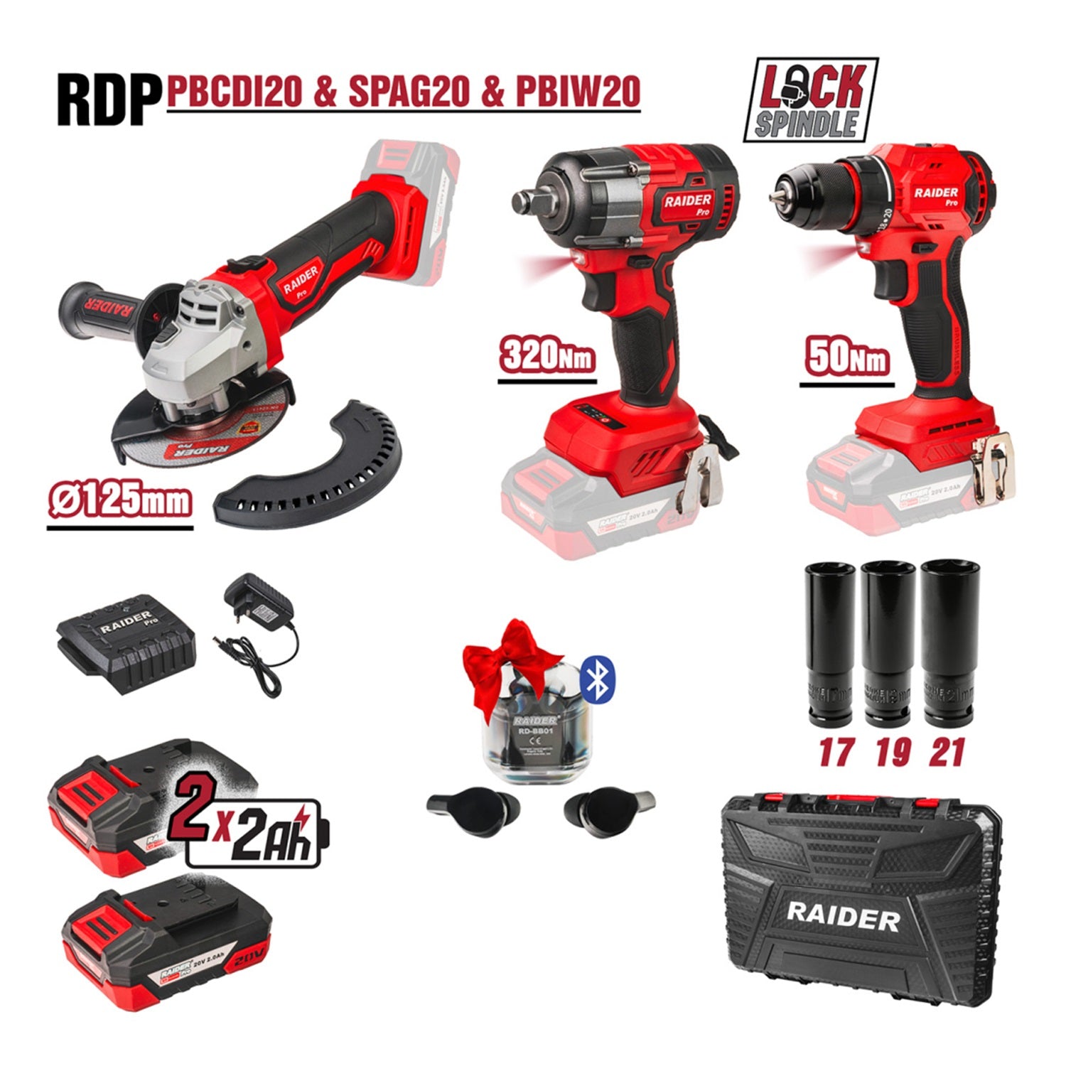 KÉSZLET FÚRÓ ÉS CSAVAROZÓ 50 NM, ÜTVECSAVAROZÓVAL 1/2" 320 NM, SAROKCSISZOLÓVAL 125 MM, 2×2AH AKKUMULÁTORRAL RAIDER PRO