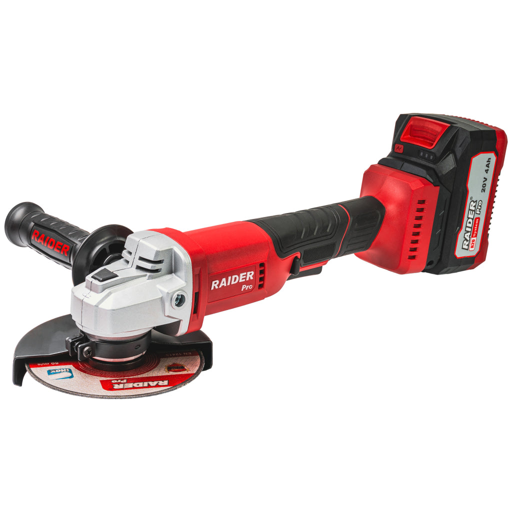 SAROKCSISZOLÓ R20 125 MM 4Ah AKKUMULÁTORRAL, 2 VÁGÓKORONGGAL ÉS MŰANYAG DOBOZZAL RAIDER PRO
