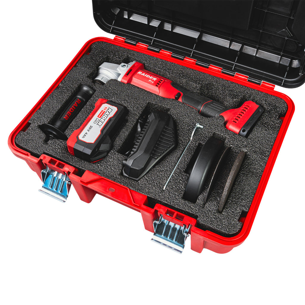 SAROKCSISZOLÓ R20 125 MM 4Ah AKKUMULÁTORRAL, 2 VÁGÓKORONGGAL ÉS MŰANYAG DOBOZZAL RAIDER PRO