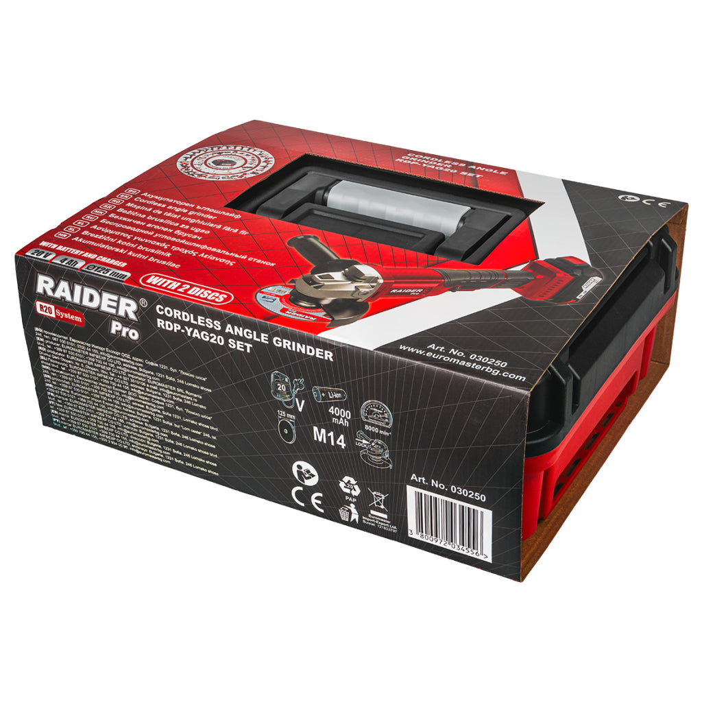 SAROKCSISZOLÓ R20 125 MM 4Ah AKKUMULÁTORRAL, 2 VÁGÓKORONGGAL ÉS MŰANYAG DOBOZZAL RAIDER PRO