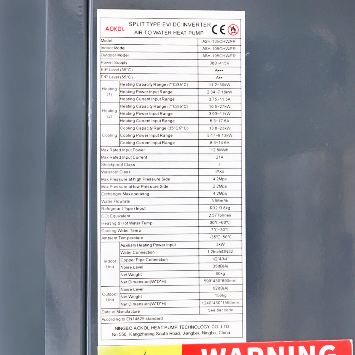 Hőszivattyú 30 kW, 380V, ASH-105CHW/FR, levegő-víz rendszer, Aokol