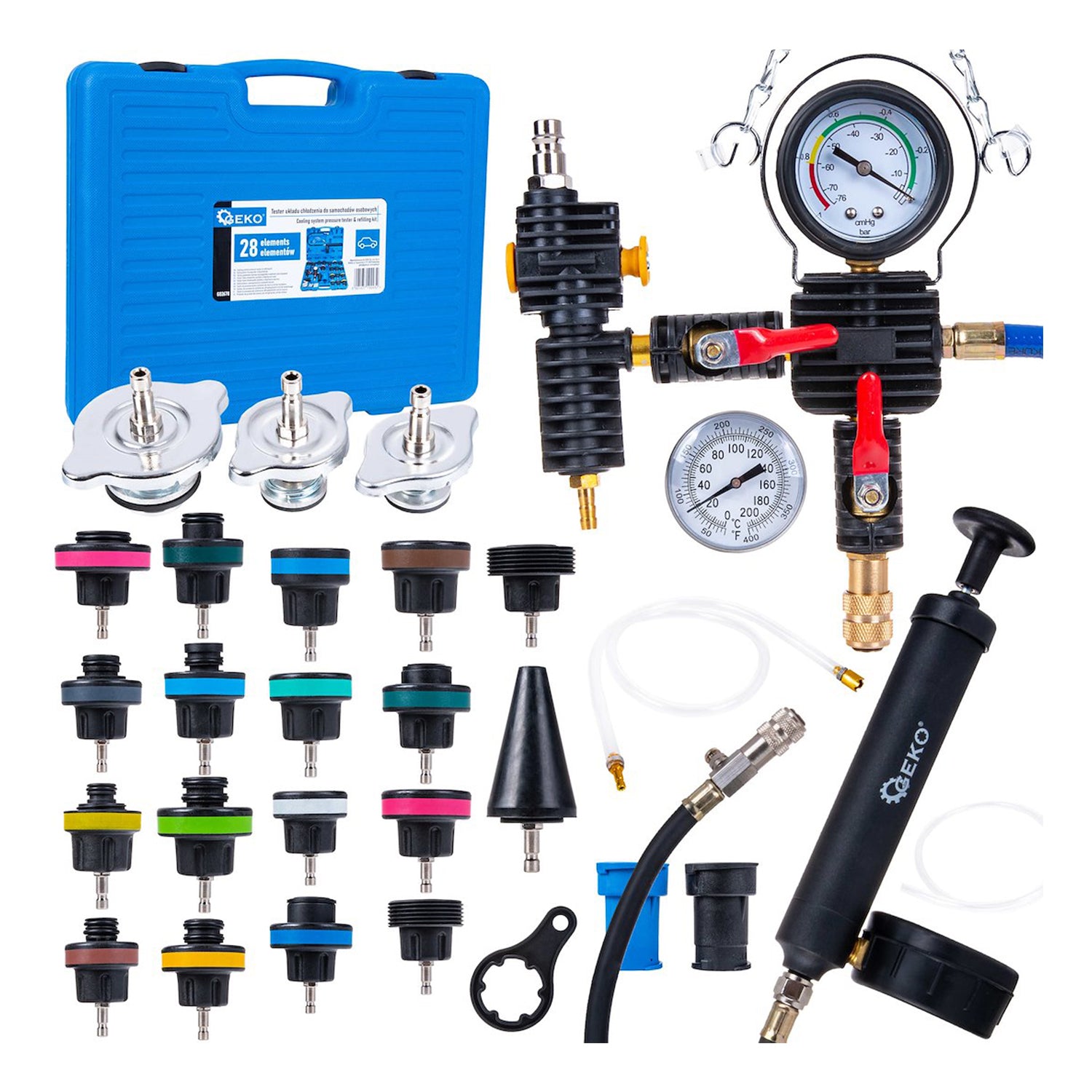 HŰTŐRENDSZER TÖMÍTETTSÉGVIZSGÁLÓ KÉSZLET 28 DB GEKO