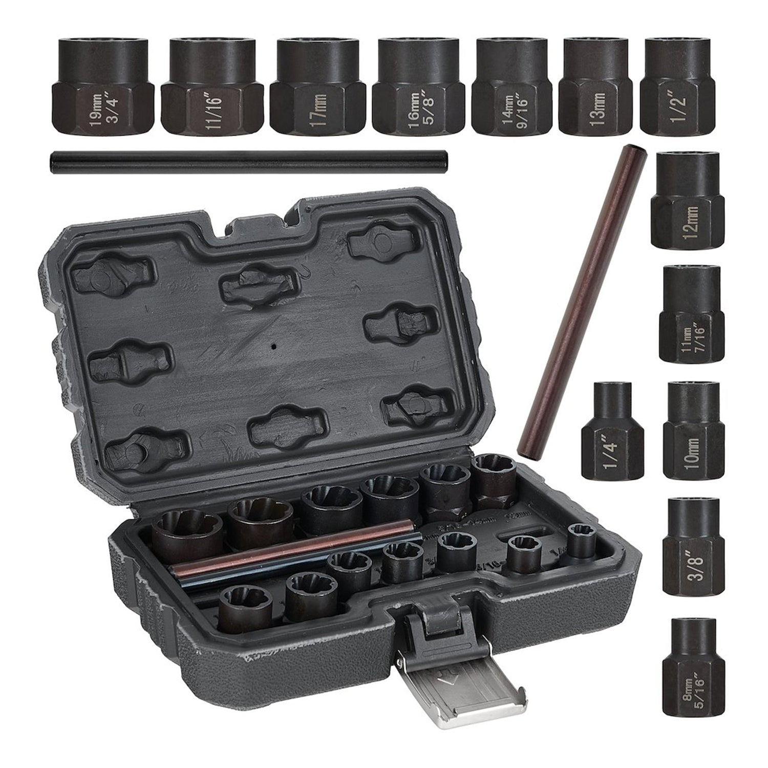 SÉRÜLT TÖRTCSAVAR KISZEDŐ KÉSZLET 6-19 MM 15 DB GEKO