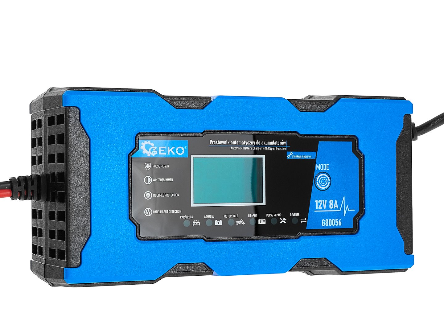 AUTÓ AKKUMULÁTOR BIKÁZÓ - EGYENIRÁNYÍTÓ DIGITÁLIS LCD KIJELZŐVEL 12V 8A JAVÍTÓ FUNKCIÓVAL GEKO