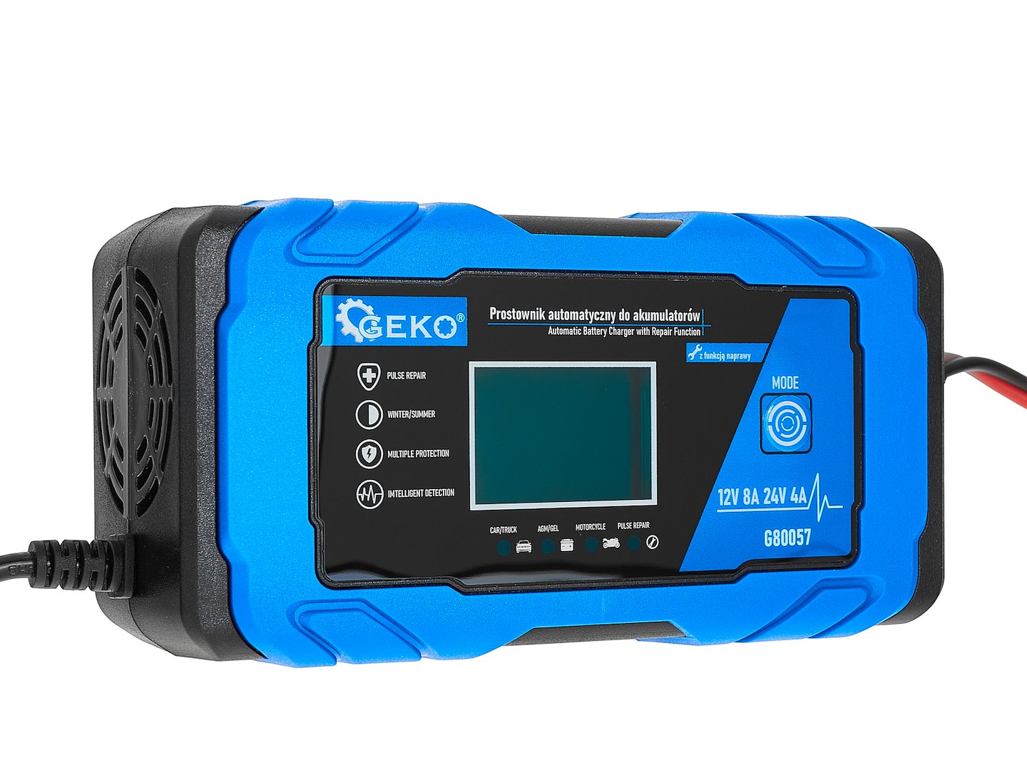 AUTÓ AKKUMULÁTOR BIKÁZÓ - EGYENIRÁNYÍTÓ DIGITÁLIS LCD KIJELZŐVEL 12V/24V 8A JAVÍTÓ FUNKCIÓVAL GEKO