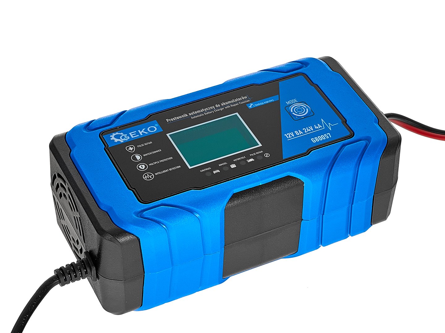 AUTÓ AKKUMULÁTOR BIKÁZÓ - EGYENIRÁNYÍTÓ DIGITÁLIS LCD KIJELZŐVEL 12V/24V 8A JAVÍTÓ FUNKCIÓVAL GEKO