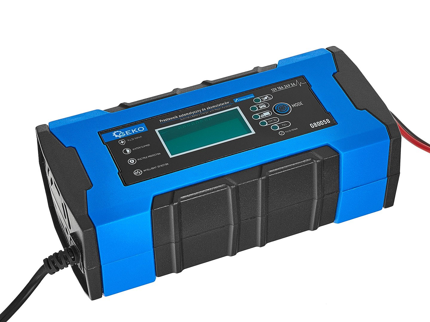 AUTÓ AKKUMULÁTOR BIKÁZÓ - EGYENIRÁNYÍTÓ DIGITÁLIS LCD KIJELZŐVEL 12V/24V 10A JAVÍTÓ FUNKCIÓVAL GEKO