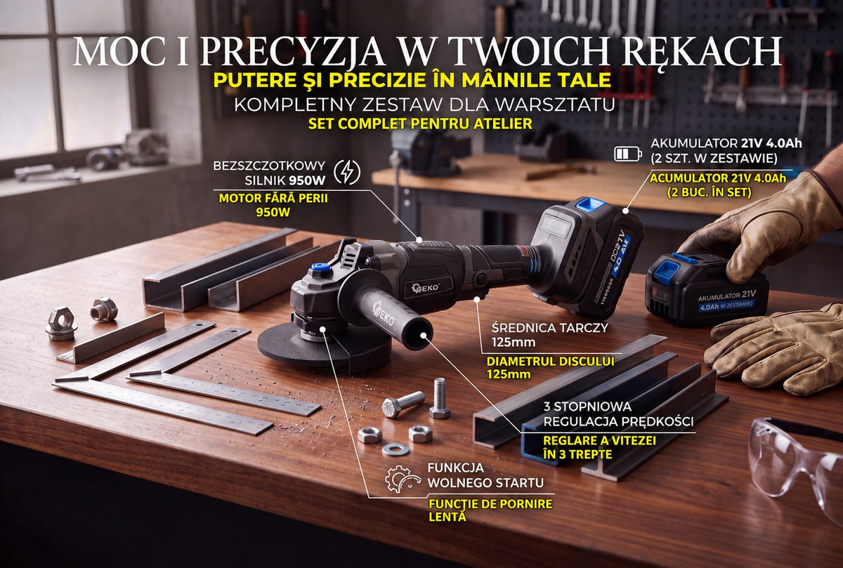 Akkumulátoros sarokcsiszoló 125 mm, 950 w, 21 v, 2 × 4 Ah GEKO