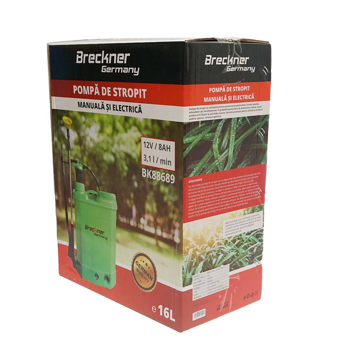 Permetezőgép (vermorel) 2 az 1-ben, kézi és elektromos, 16L tartállyal, 12V 8Ah akkumulátor, 3.1 l/perc áramlás, Breckner Germany
