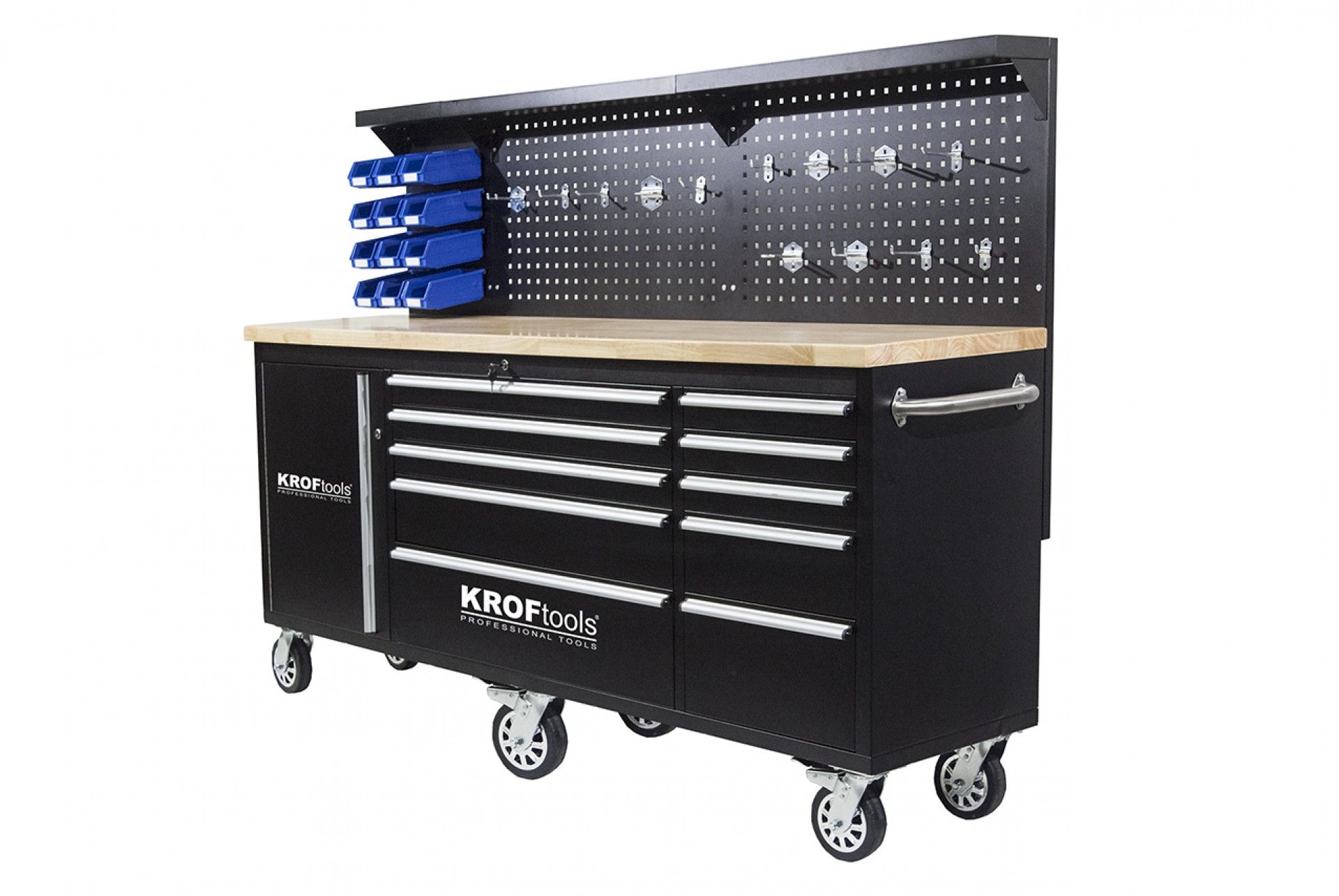 GURULÓ PROFESSZIONÁLIS SZERSZÁMOS SZEKRÉNY PANELLEL KEMÉNYFA MUNKALAPPAL 213 CM 10 FIÓKKAL KROFTOOLS PROFESSIONAL PORTUGAL