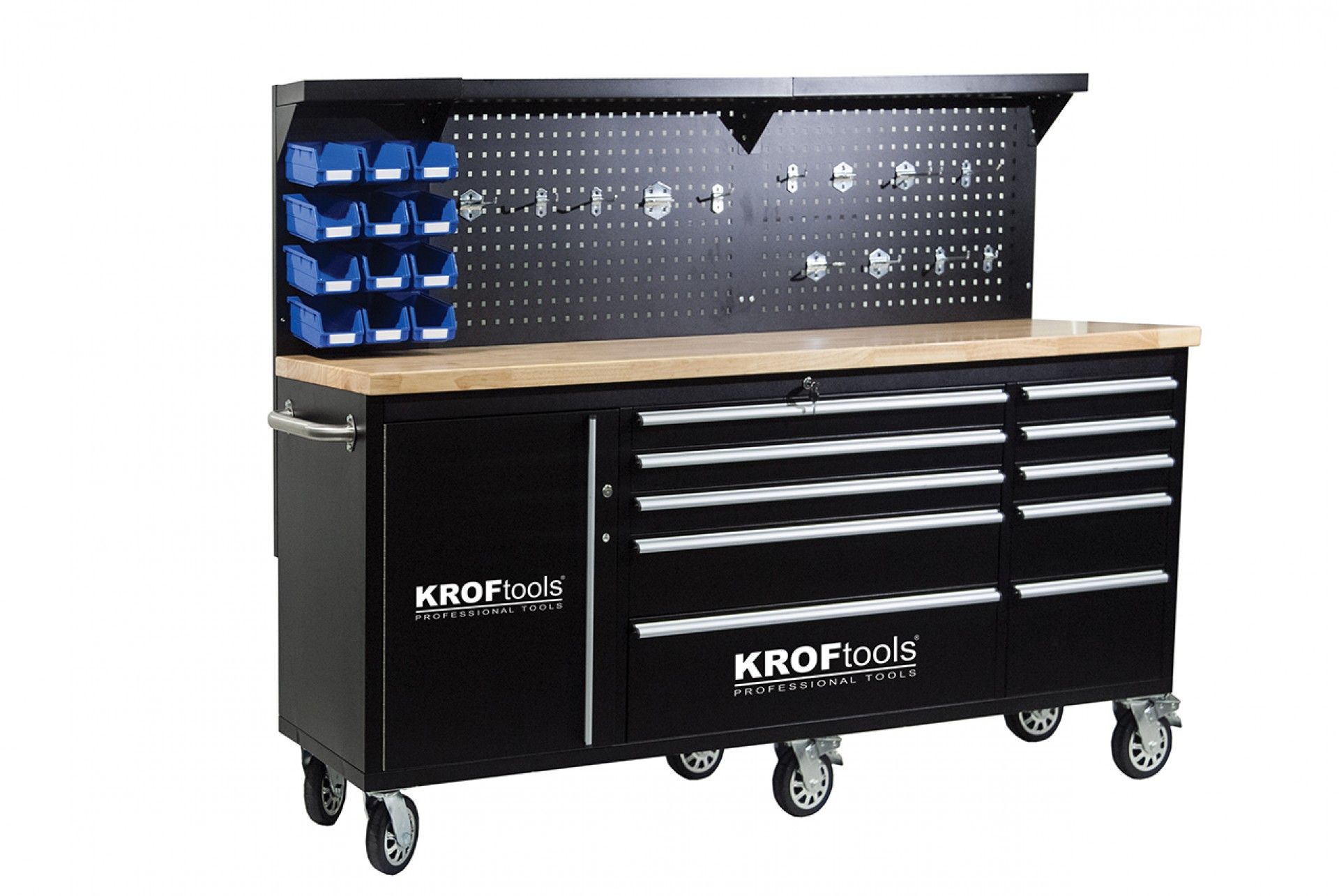GURULÓ PROFESSZIONÁLIS SZERSZÁMOS SZEKRÉNY PANELLEL KEMÉNYFA MUNKALAPPAL 213 CM 10 FIÓKKAL KROFTOOLS PROFESSIONAL PORTUGAL