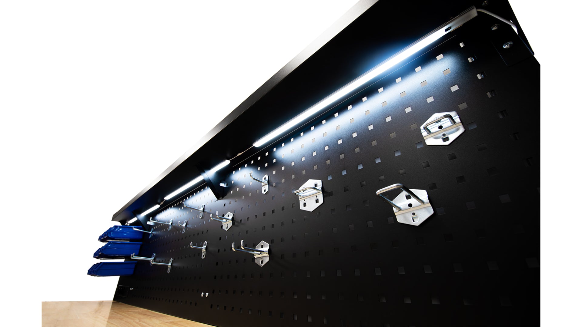 PROFESSZIONÁLIS FÉM MUNKAPAD, 10 FIÓKKAL, TÖMÖRFA MUNKALAPPAL, LED VILÁGÍTÁSÚ PANELLEL, 230V-OS ALJZATOKKAL, USB PORTTAL, 213 CM HOSSZÚSÁG