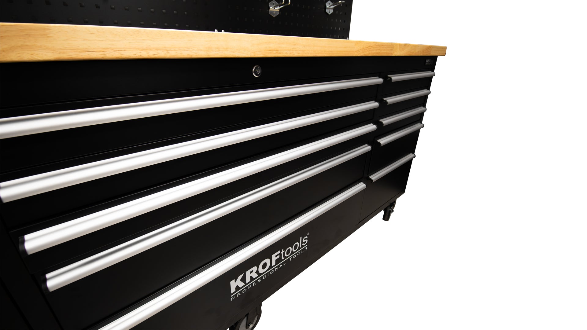 PROFESSZIONÁLIS FÉM MUNKAPAD, 10 FIÓKKAL, TÖMÖRFA MUNKALAPPAL, LED VILÁGÍTÁSÚ PANELLEL, 230V-OS ALJZATOKKAL, USB PORTTAL, 213 CM HOSSZÚSÁG