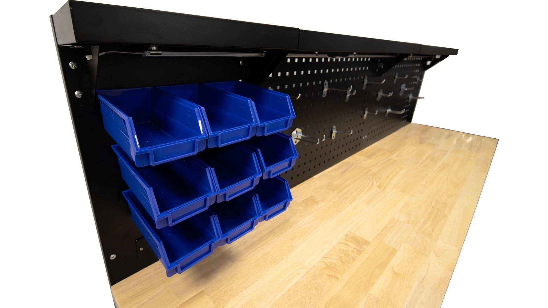 PROFESSZIONÁLIS FÉM MUNKAPAD, 10 FIÓKKAL, TÖMÖRFA MUNKALAPPAL, LED VILÁGÍTÁSÚ PANELLEL, 230V-OS ALJZATOKKAL, USB PORTTAL, 213 CM HOSSZÚSÁG