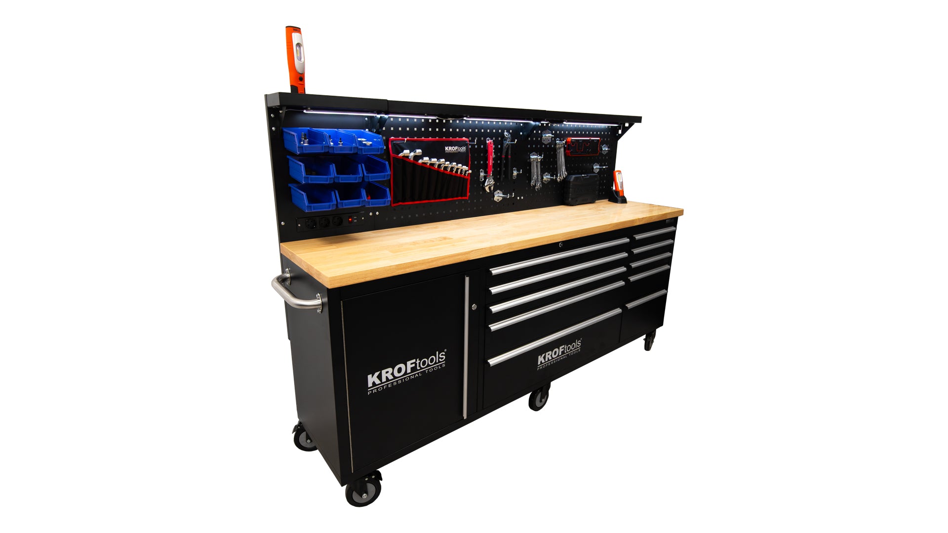 PROFESSZIONÁLIS FÉM MUNKAPAD, 10 FIÓKKAL, TÖMÖRFA MUNKALAPPAL, LED VILÁGÍTÁSÚ PANELLEL, 230V-OS ALJZATOKKAL, USB PORTTAL, 213 CM HOSSZÚSÁG