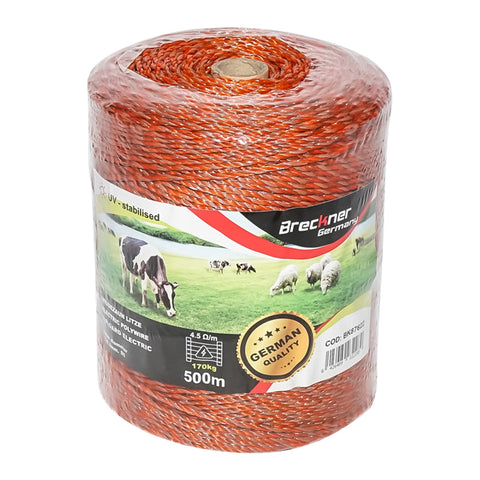 Elektromos kerítés dróttekercs, narancssárga-barna, 3 mm átmérő, 5×0,2 mm rozsdamentes acél betéttel, ellenállás 4,5 Ohm/m, 500 m, Breckner Germany