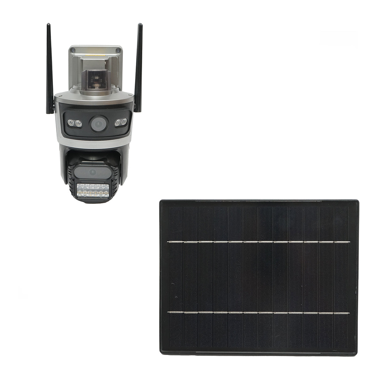 Dupla lencsés megfigyelő kamera, 4 MP, 4G SIM kártyával és WIFI 2.4 GHz kapcsolattal, 7.6W napelemmel, 18650 mAh gyorstöltésű akkumulátorral, 360° forgatható PTZ, mozgásérzékelővel, PIR emberi jelenlét érzékeléssel, riasztással, éjjellátással és iCSee alkalmazással