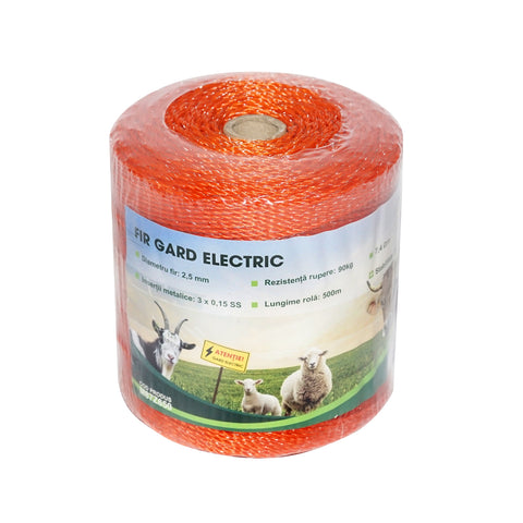 ELEKTROMOS KERÍTÉS DRÓTTEKERCS, NARANCSSÁRGA, 2,5 MM ÁTMÉRŐ, 3×0,15 MM ROZSDAMENTES ACÉL BETÉTTEL, ELLENÁLLÁS 7,4 OHM/M, 500 M, MEZOFARM