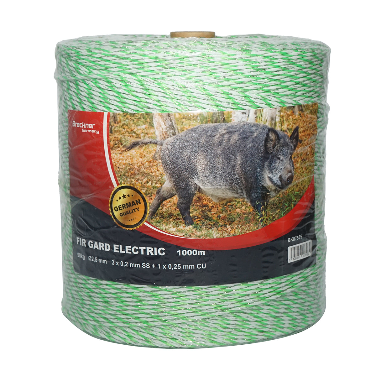 Elektromos kerítés dróttekercs, fluoreszkáló zöld-fehér, 2,5 mm átmérő, 3×0,2 mm rozsdamentes acél és 1×0,25 mm réz betéttel, 1000 m, Breckner Germany
