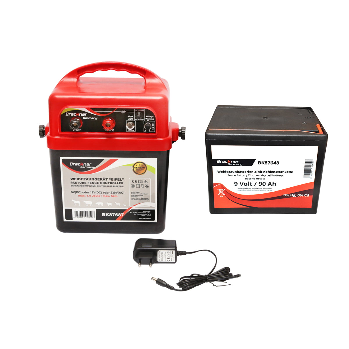 Impulzusgenerátor elektromos kerítéshez, 9–12 / 220 V, 1 Joule, 5 km hatótáv, 9 V / 90 Ah száraz akkumulátorral, Breckner Germany