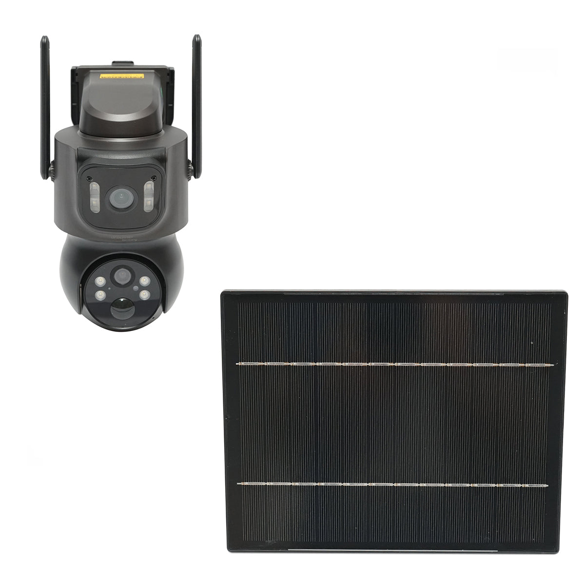 Dupla lencsés megfigyelő kamera, 4 MP, 7.6W napelemmel, 18650 mAh gyorstöltésű akkumulátorral, WIFI 2.4 GHz, 360° forgatható PTZ, mozgásérzékelővel, PIR emberi jelenlét érzékeléssel, riasztással, éjjellátással és iCSee alkalmazással