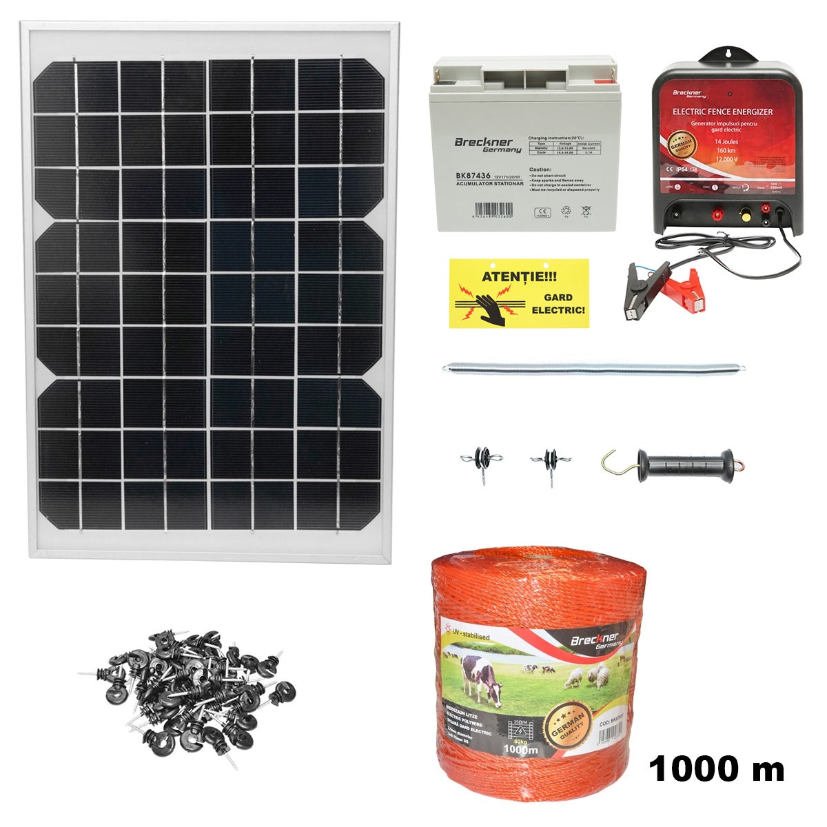 Teljes elektromos kerítéskészlet, 12 V, 14 Joule, 20 W napelemmel, 1000 m vezeték, 100 szigetelő, kapukészlet és 1×12 V / 7 Ah akkumulátor, Breckner Germany