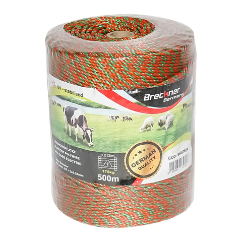 ELEKTROMOS KERÍTÉS DRÓTTEKERCS, NARANCSSÁRGA-ZÖLD, 3 MM ÁTMÉRŐ, 3×0,2 MM ROZSDAMENTES ACÉL ÉS 2×0,25 MM RÉZ BETÉTTEL, 500 M, BRECKNER GERMANY