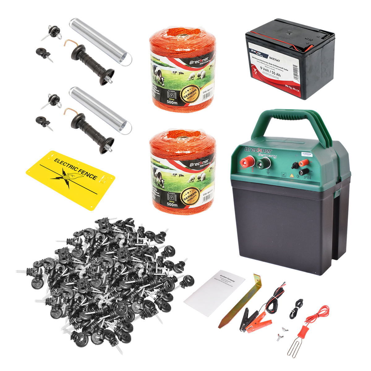 Teljes elektromos kerítéskészlet, 9 / 12 V, 0,21 Joule, 1000 m vezeték, 200 szigetelő, kapukészlet, figyelmeztetőtábla és 9 V / 55 Ah száraz akkumulátor (nem újratölthető), Breckner Germany