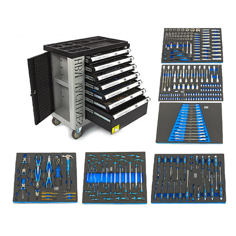 PROFESSZIONÁLIS FELSZERELT SZERSZÁMOS KOCSI – SZERSZÁMOS SZEKRÉNY HBM 7 FIÓKKAL, 245 DARABOS KÉSZLET, 6 SZÉNMODUL – HOLLANDIA, PRÉMIUM