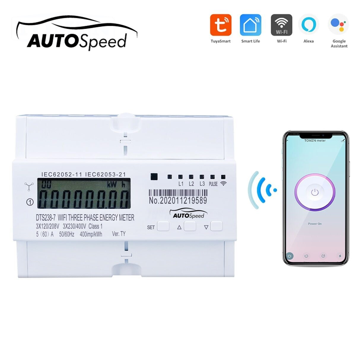 Okos villanyóra 3-fázisú 380V, 80A, DTS238-7 WIFI kompatibilis a Tuya, Smart Life, intelligens energia- és teljesítménymérővel Autospeed