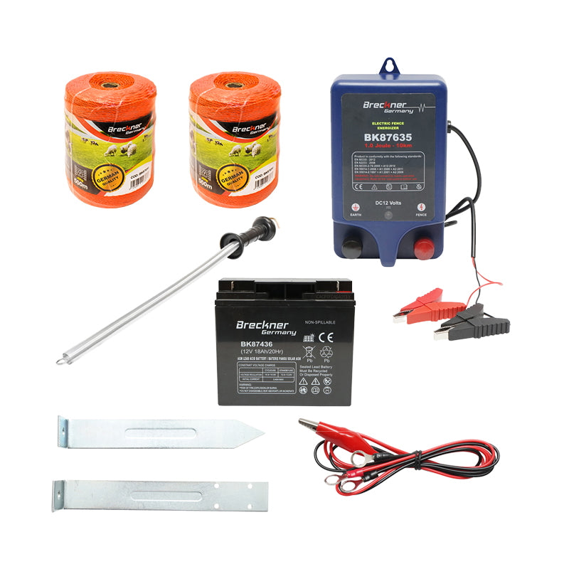 Teljes elektromos kerítéskészlet, 12 V, 1 Joule, 12 V / 17 Ah akkumulátorral, 1000 m vezeték, 100 szigetelővel és kapukészlettel, Breckner Germany