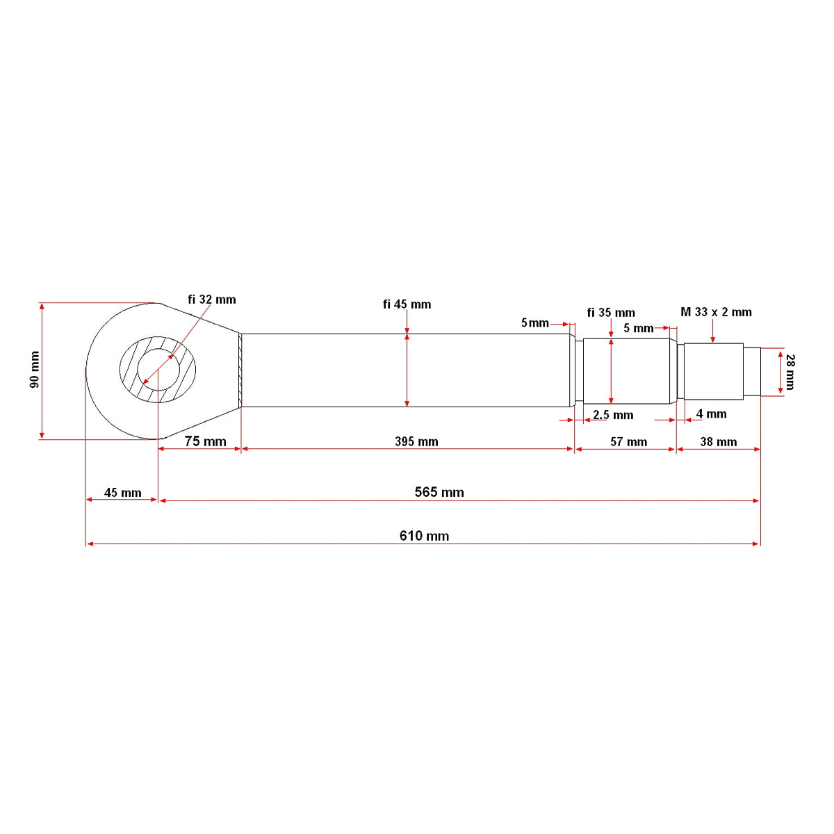 Hidraulikus munkahenger szár 45 mm átmérővel, 565 mm hosszban Erdei traktorhoz