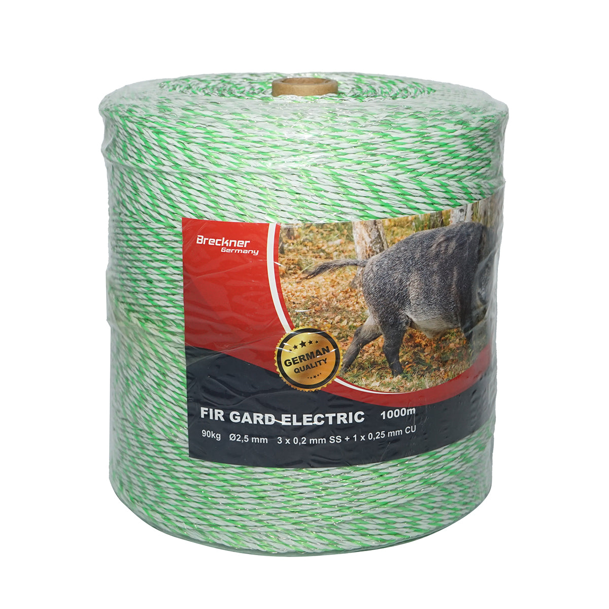 Elektromos kerítés dróttekercs, fluoreszkáló zöld-fehér, 2,5 mm átmérő, 3×0,2 mm rozsdamentes acél és 1×0,25 mm réz betéttel, 1000 m, Breckner Germany