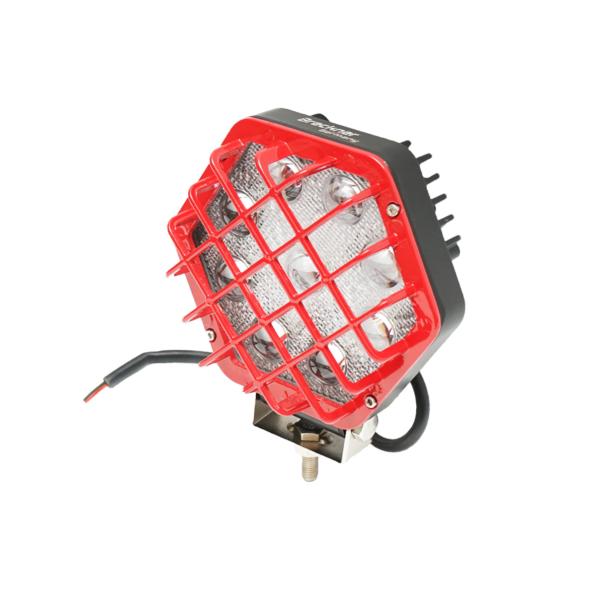 Hatszögletű reflektor, piros fémráccsal, 9 LED, 30° sugárzási szög, DC 10–80V, 27W, Breckner Germany