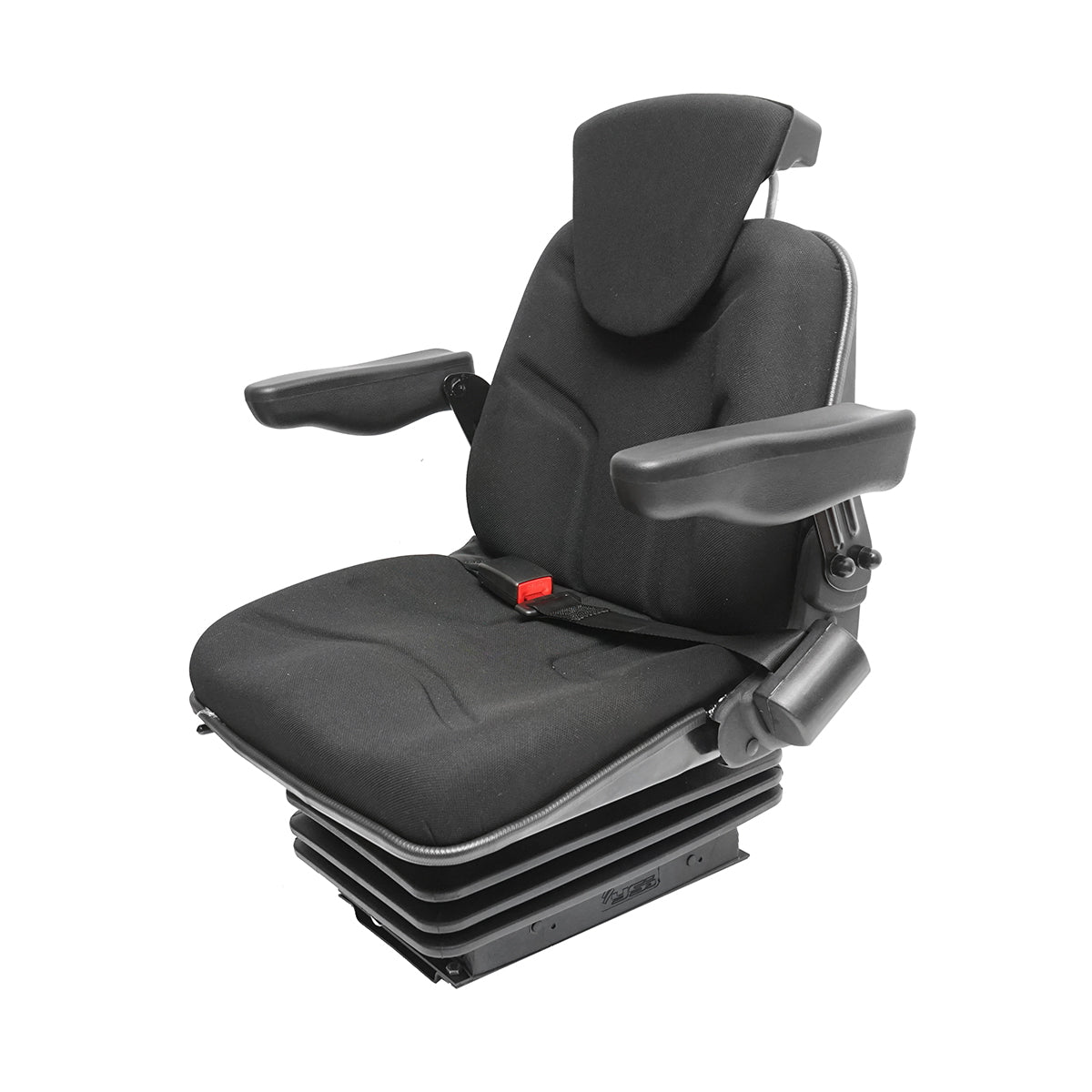 Fekete traktorülés, állítható, kartámasszal, fejtámlával, biztonsági övvel és mechanikus felfüggesztéssel, ülés szélessége 455 mm