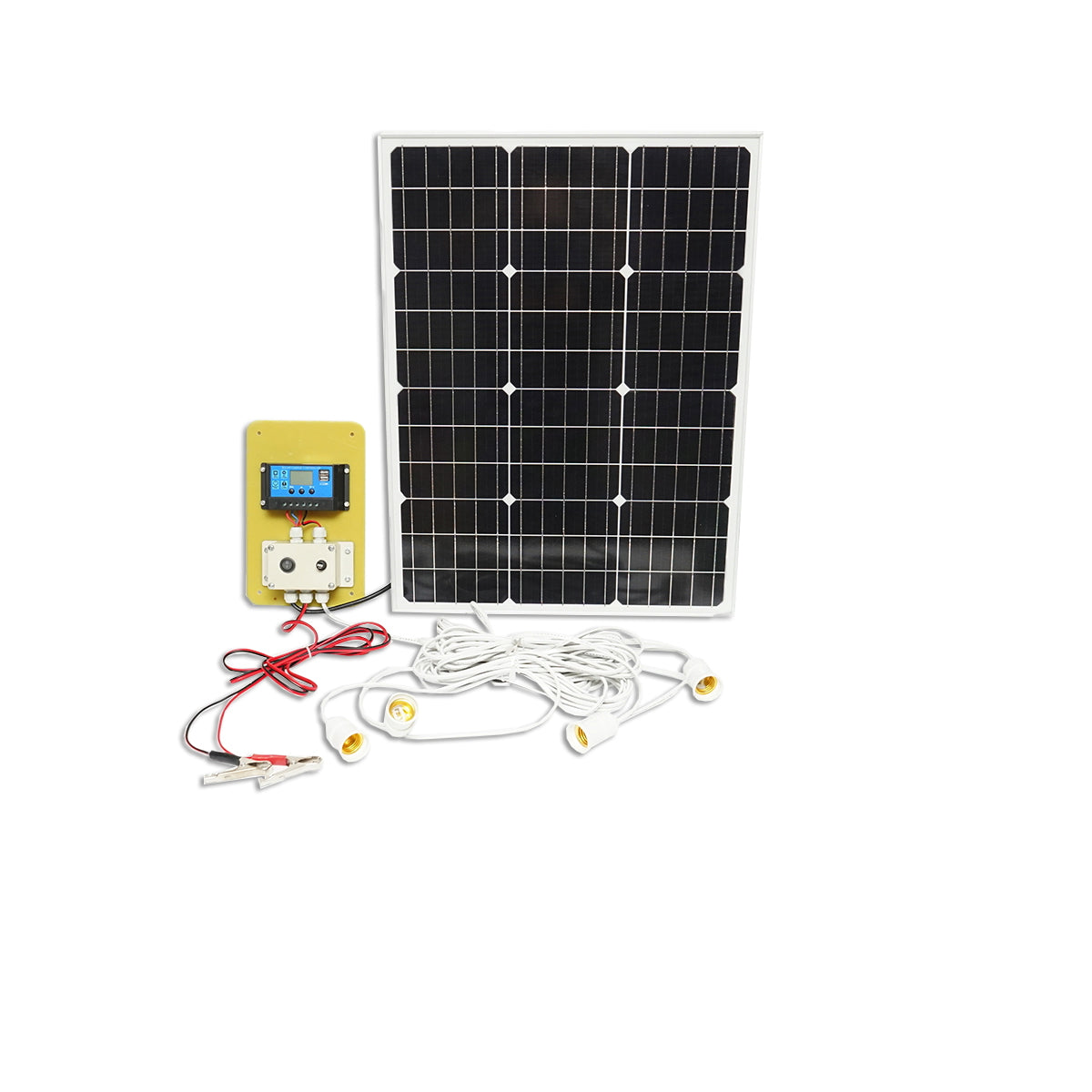 Napelem szett, 50W monokristályos, 670x540x30 mm, 12–24V, 12/17Ah akkumulátorral, 4 db 9W izzóval, Breckner Germany