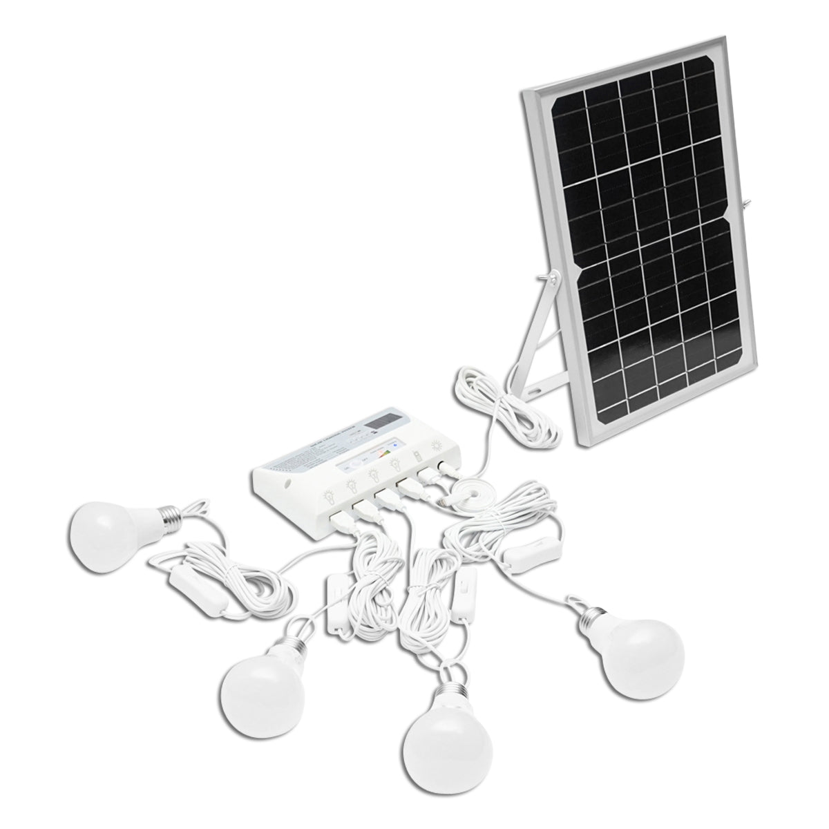 Világítási rendszer 4 db LED izzóval, 9V / 12W napelemmel és 1xUSB telefon töltéshez, Breckner Germany