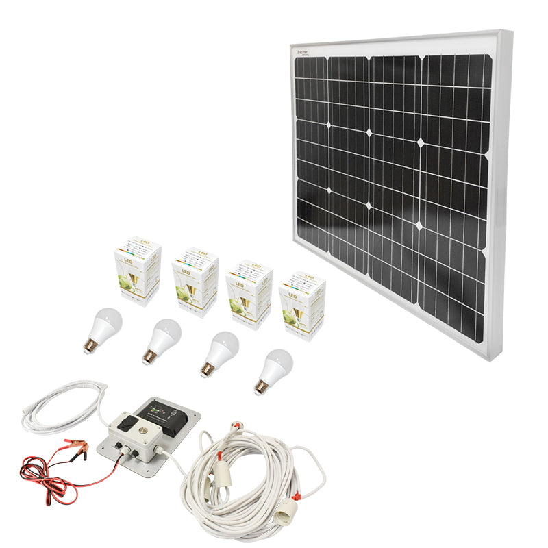 Napelem szett, 50W monokristályos, 670x540x30 mm, 12–24V, szivargyújtó aljzattal és 4 db 9W izzóval, Breckner Germany