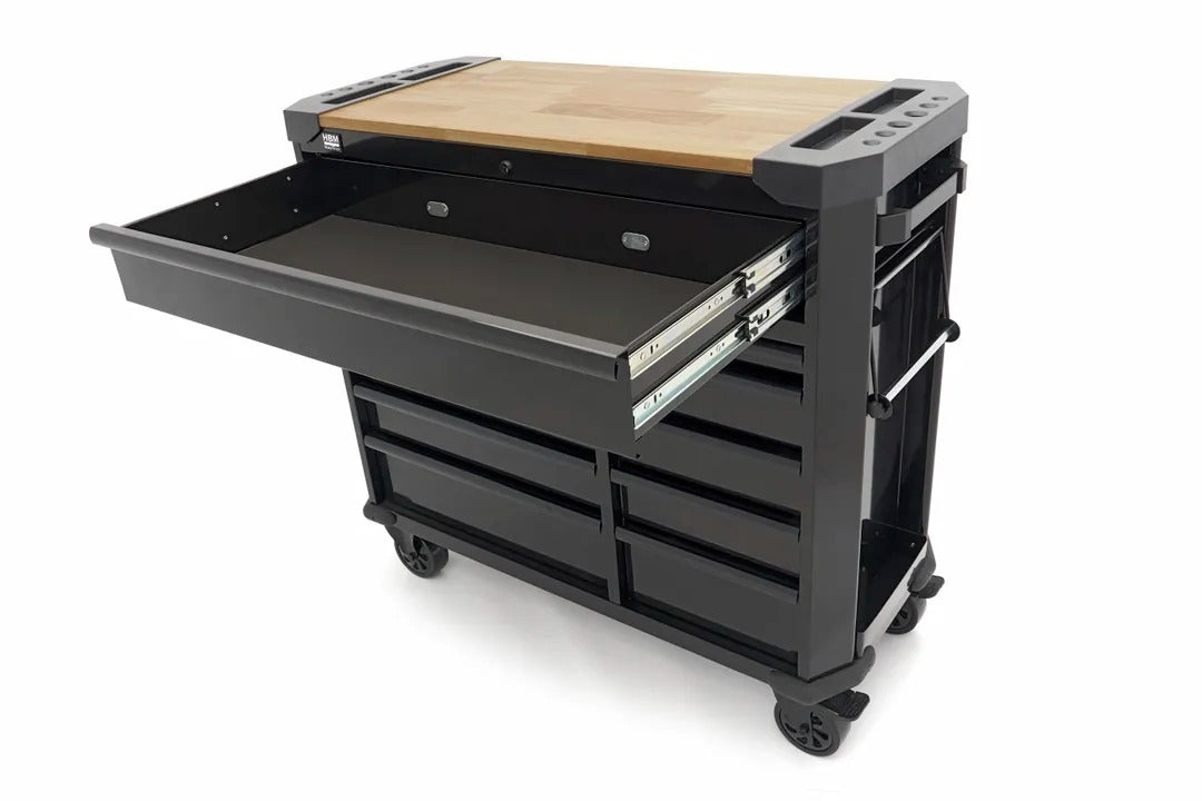 PROFESSZIONÁLIS FÉM SZERSZÁMOS SZEKRÉNY FA MUNKALAPPAL 11 FIÓK 109 CM HBM HOLLANDIA