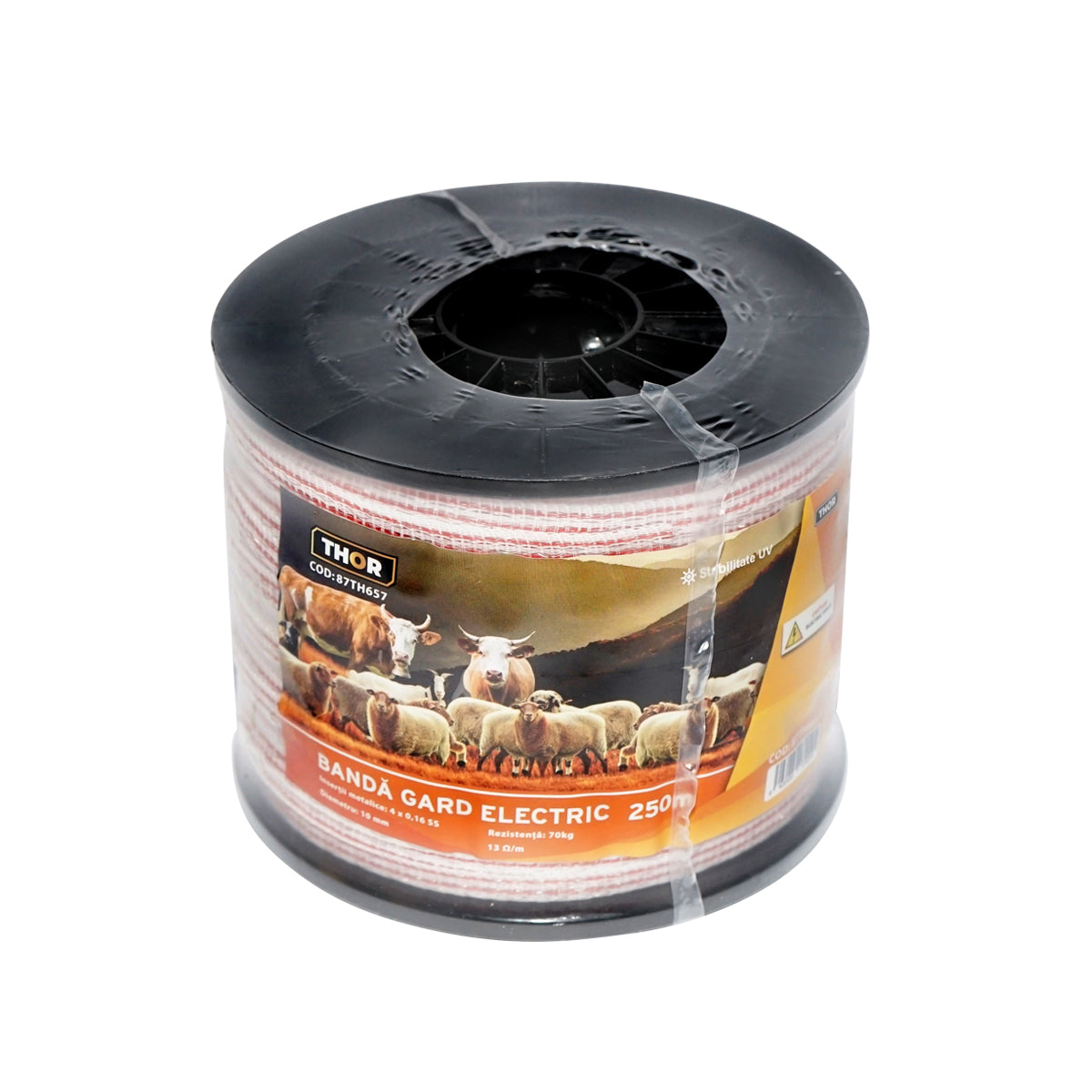Elektromos kerítés szalag, piros-fehér, 10 mm széles, 4×0,16 mm rozsdamentes acél betéttel, ellenállás 13 Ohm/m, 250 m, Thor