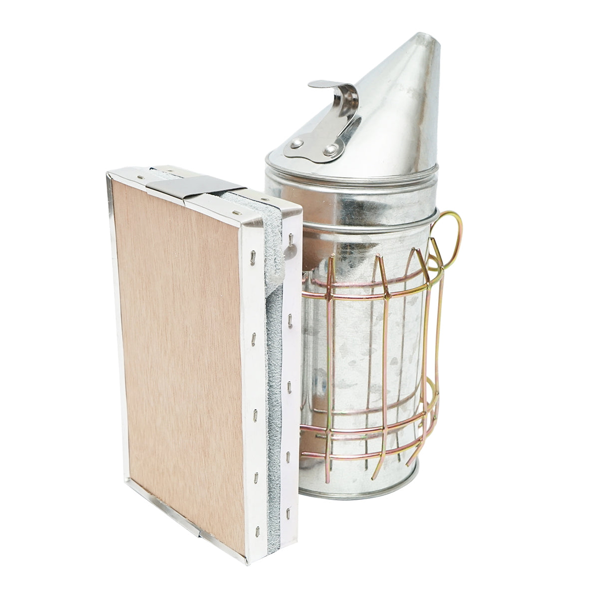 Méhészeti füstölő, rozsdamentes acél, hővédő hengerrel és bőrfújtatóval, 160 mm