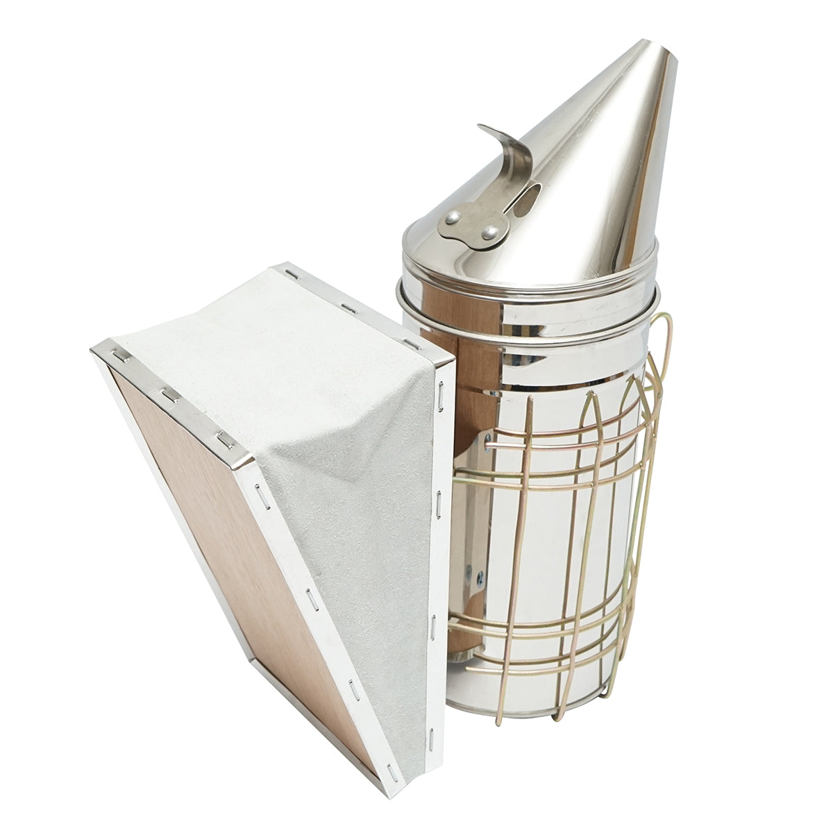 Méhészeti füstölő, rozsdamentes acél, hővédő hengerrel és bőrfújtatóval, 190 mm