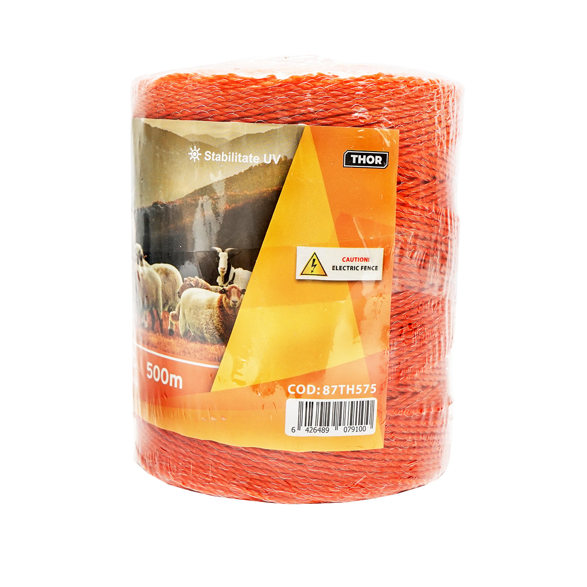 Elektromos kerítés dróttekercs, narancssárga, 2 mm átmérő, 3×0,15 mm rozsdamentes acél betéttel, ellenállás 16 Ohm/m, 500 m, Thor