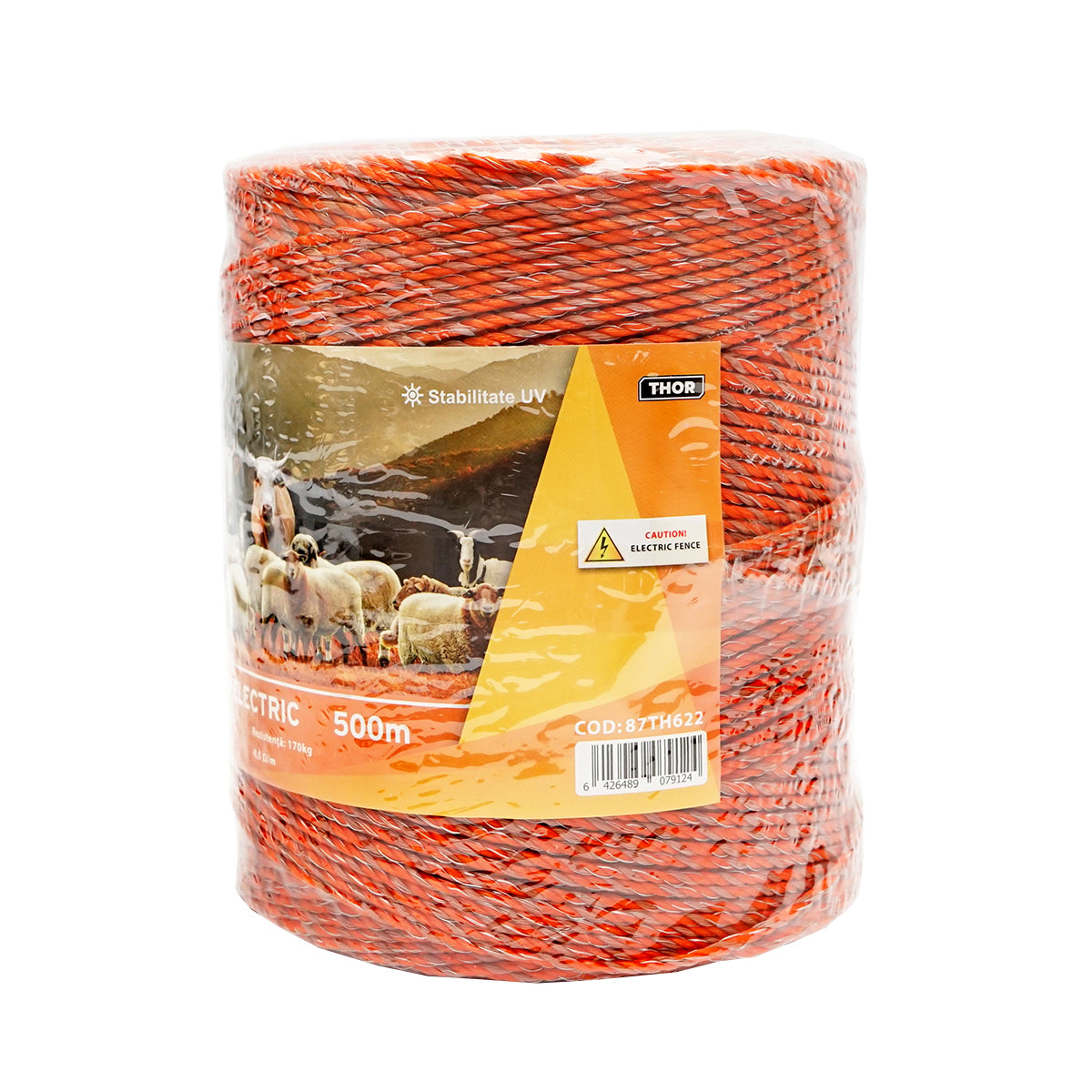 Elektromos kerítés dróttekercs, narancssárga-barna, 3 mm átmérő, 5×0,2 mm rozsdamentes acél betéttel, ellenállás 4,5 Ohm/m, 500 m, Thor