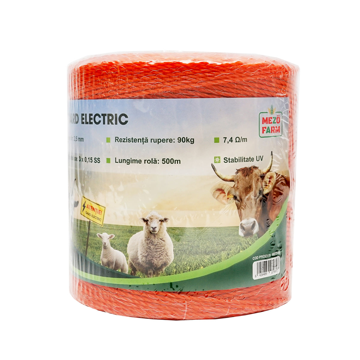 Elektromos kerítés dróttekercs, narancssárga, 2,5 mm átmérő, 3×0,15 mm rozsdamentes acél betéttel, ellenállás 7,4 Ohm/m, 500 m, Mezofarm