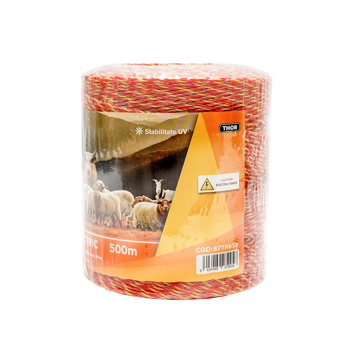 Elektromos kerítés dróttekercs, narancssárga, 2 mm átmérő, 6×0,15 mm rozsdamentes acél betéttel, ellenállás 8 Ohm/m, 500 m, Thor