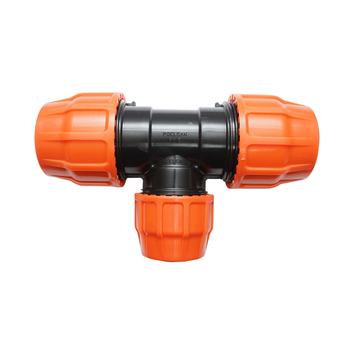 T-idom Layflat tömlőhöz redukcióval és hollandis csatlakozással, D75x50x75 mm, belső menettel, PN6, Poelsan