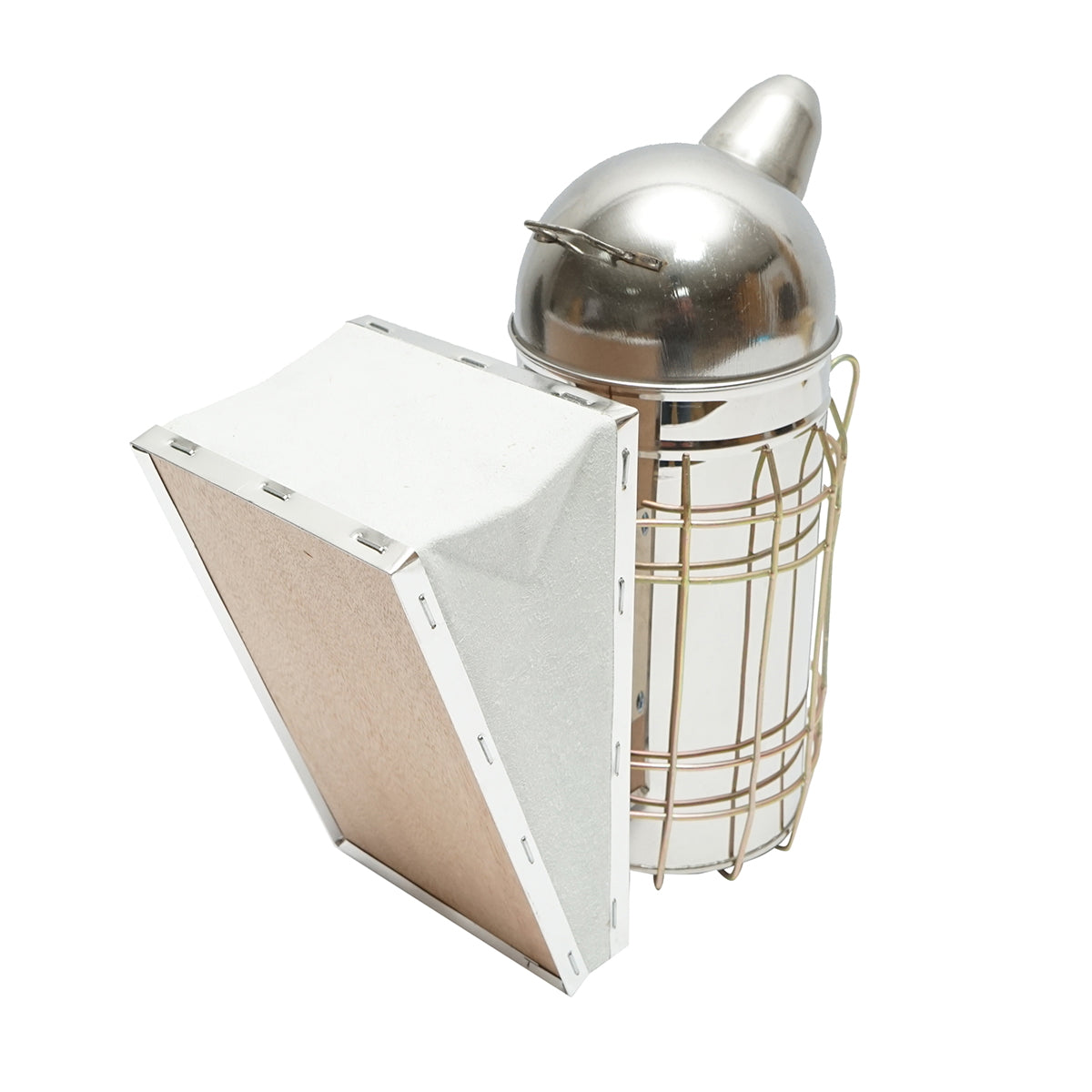 Méhészeti füstölő, rozsdamentes acél, hővédő hengerrel és bőrfújtatóval, 250 mm