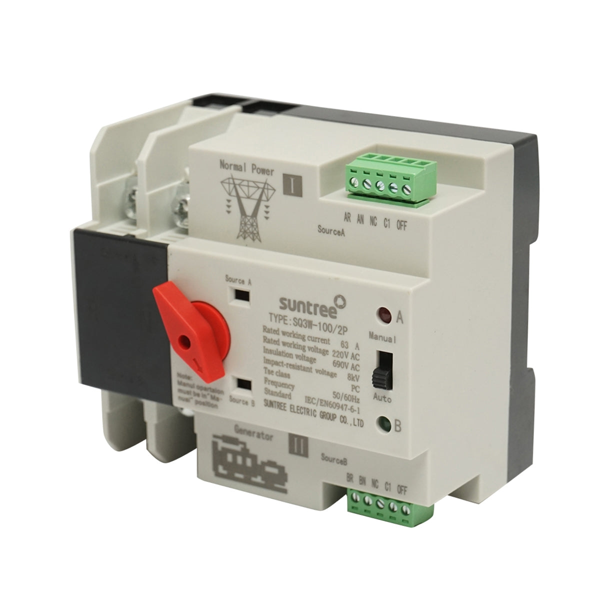 ATS 220V egyfázisú kapcsoló, ATS-2P-63A ATS-2P-63A automatikus leválasztó kapcsoló a fotovoltaikus panelekről a hálózatra Suntree